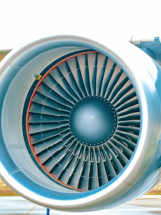 A jet engine on an aeroplane.