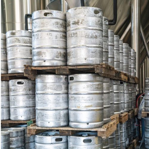 Kegs stacked in a brewery
