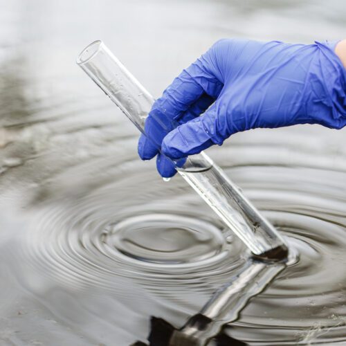 A gloved hand dipping a test tube into water