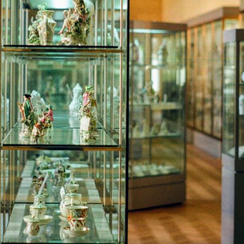 Glass cases holding artefacts in a museum